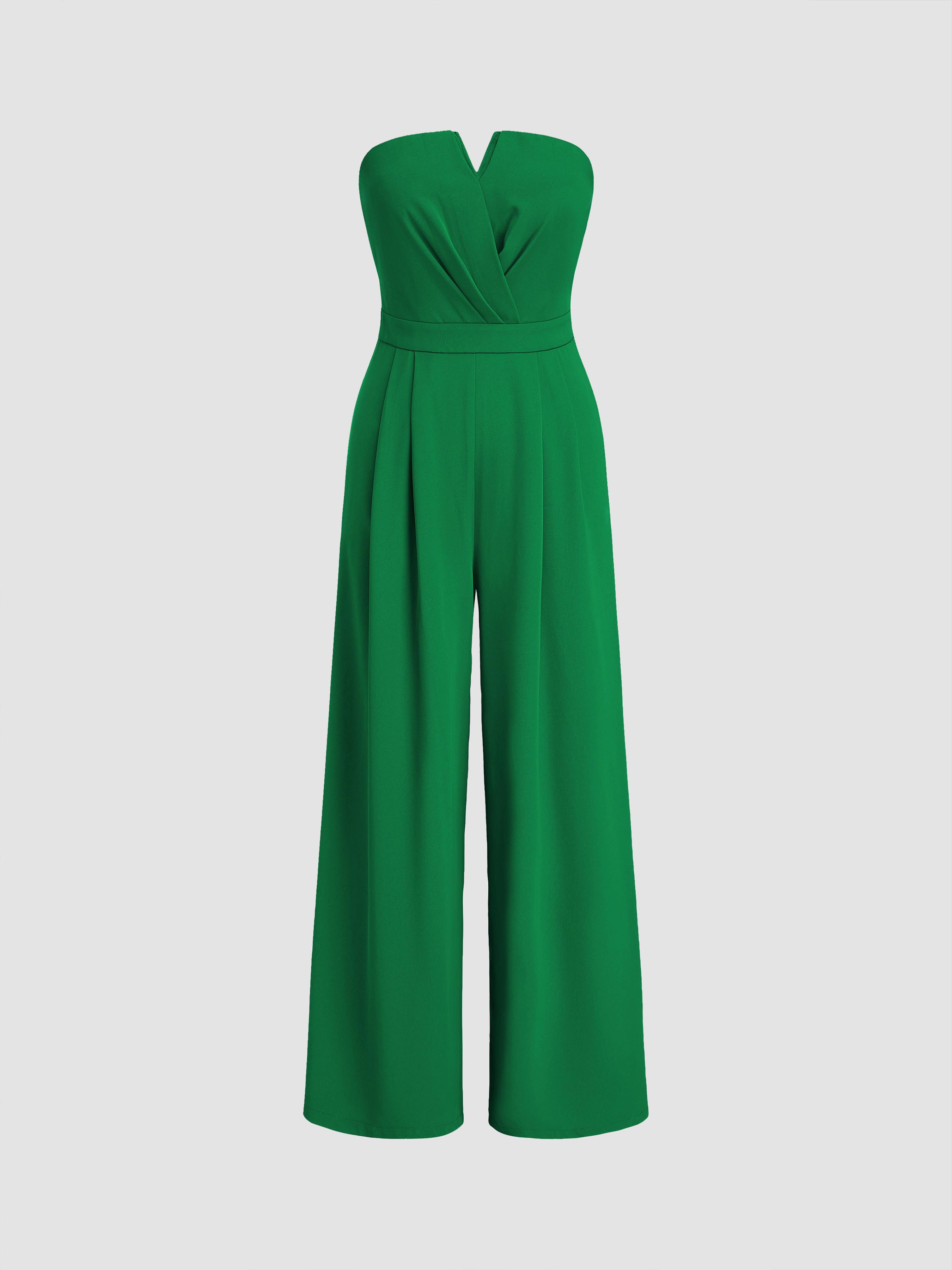 Woven Solid Shirred Pleated Straight Leg Jumpsuit by CIDER