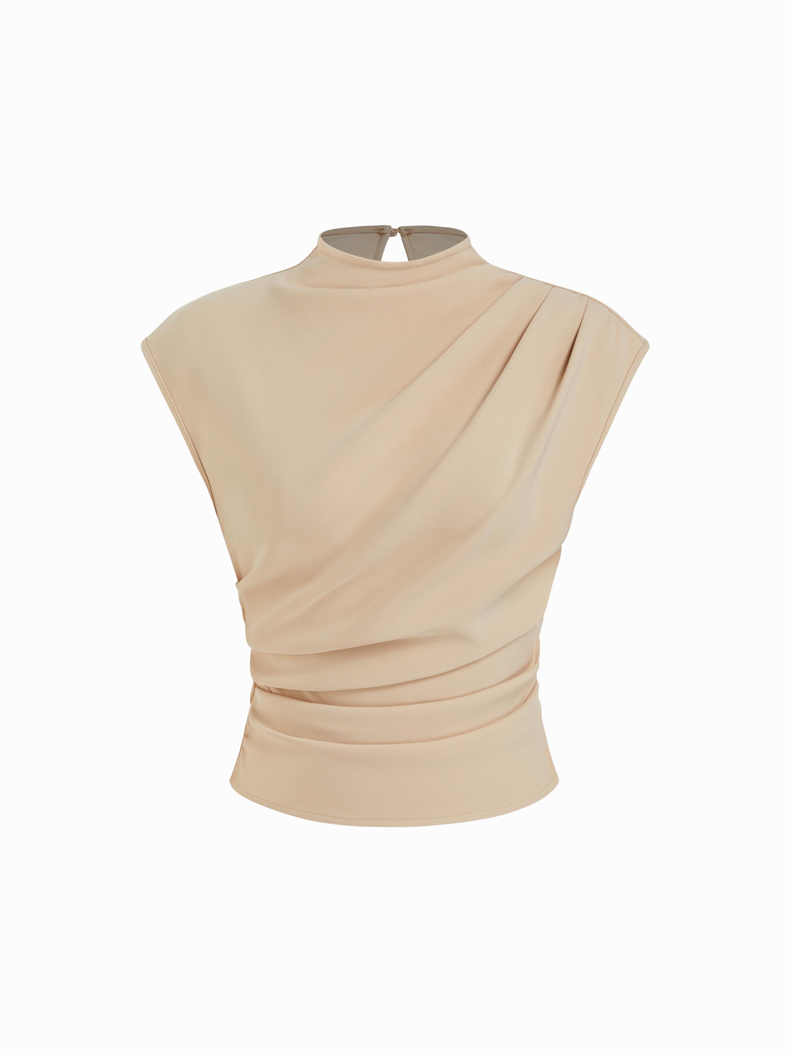 Woven Stand Collar Ruched Crop Blouse by CIDER