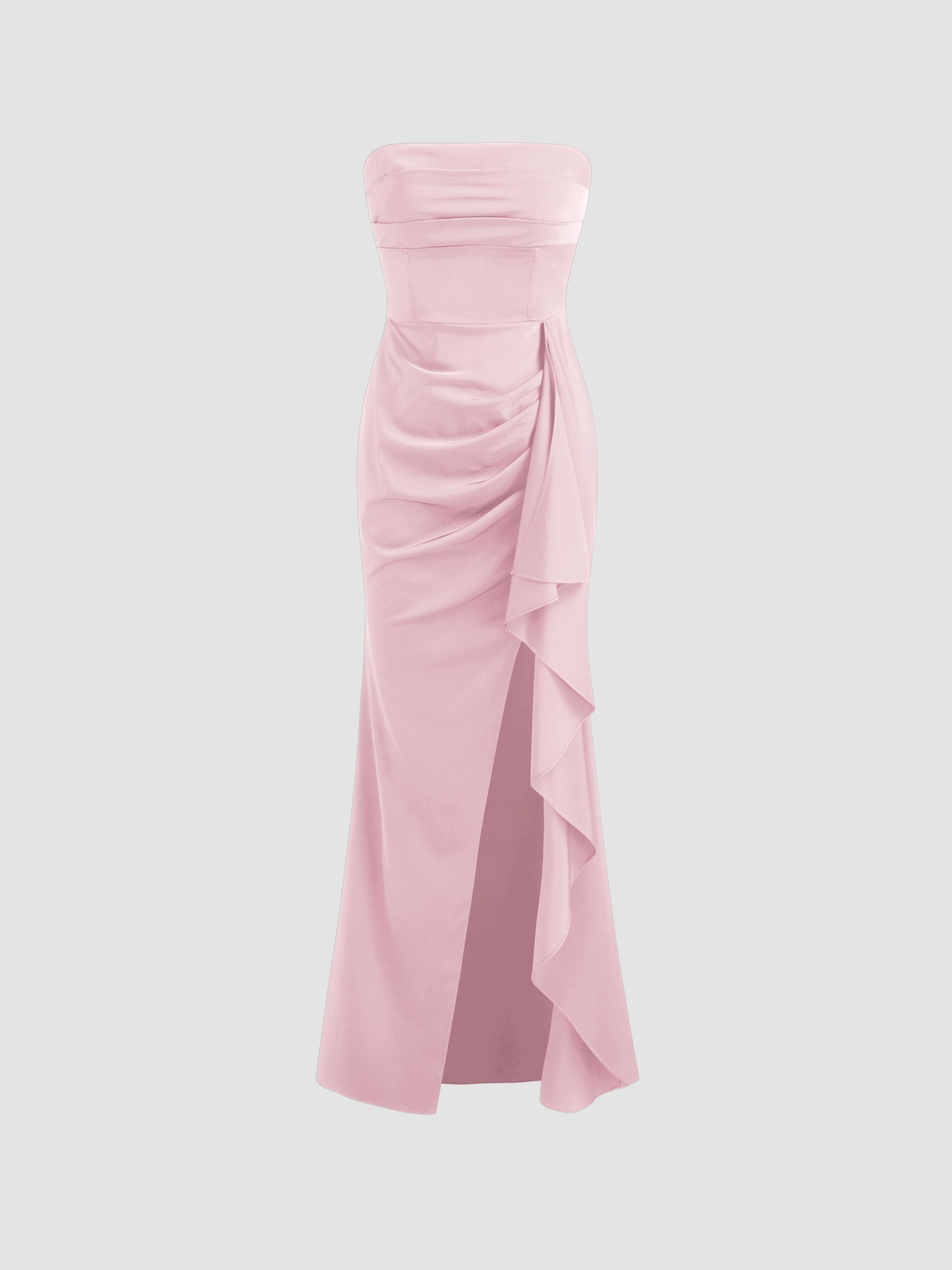 Woven Strapless Solid Ruched Maxi Dress by CIDER