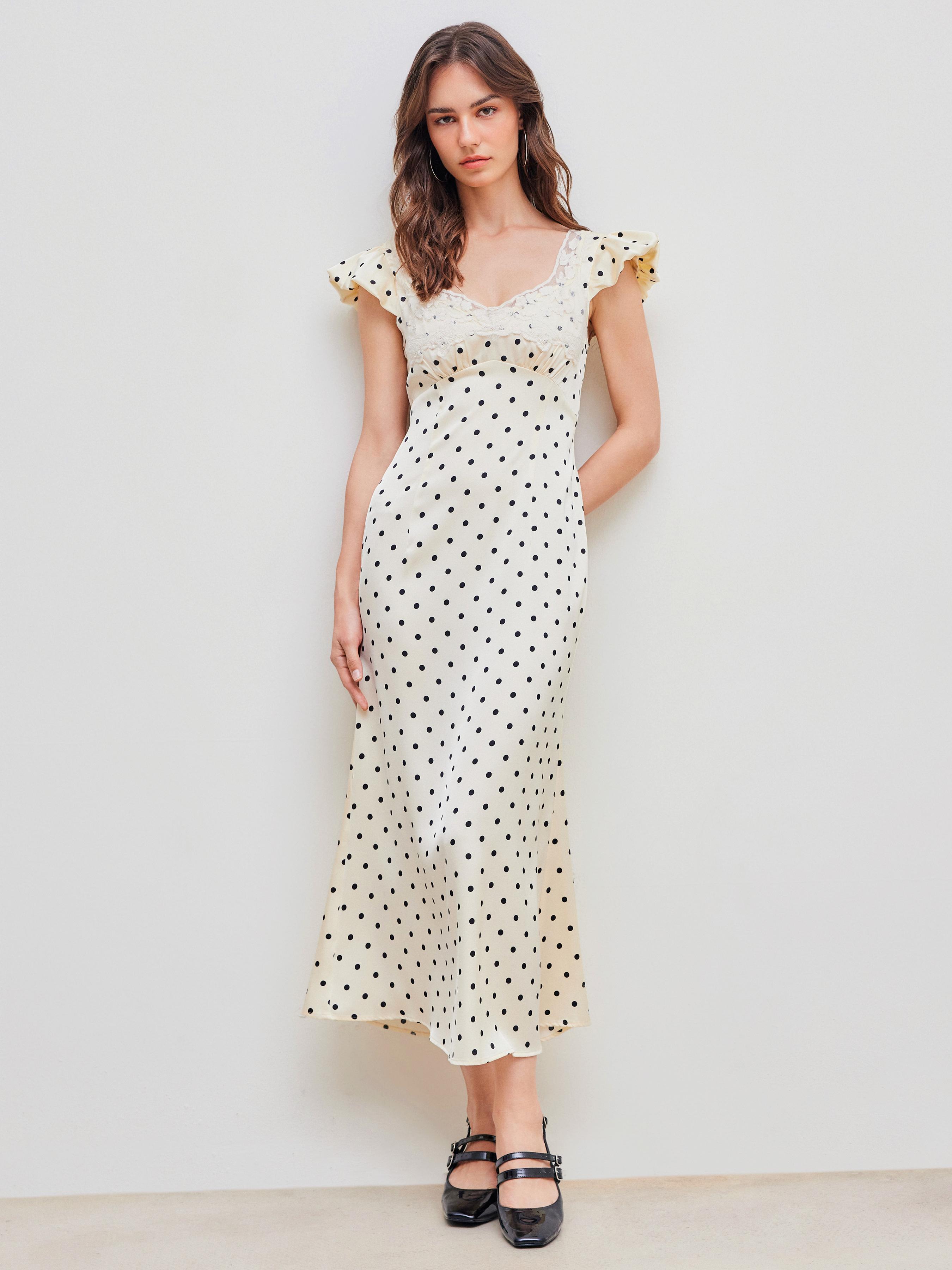 Woven Sweetheart Polka Dot Lace Trim Maxi Dress by CIDER