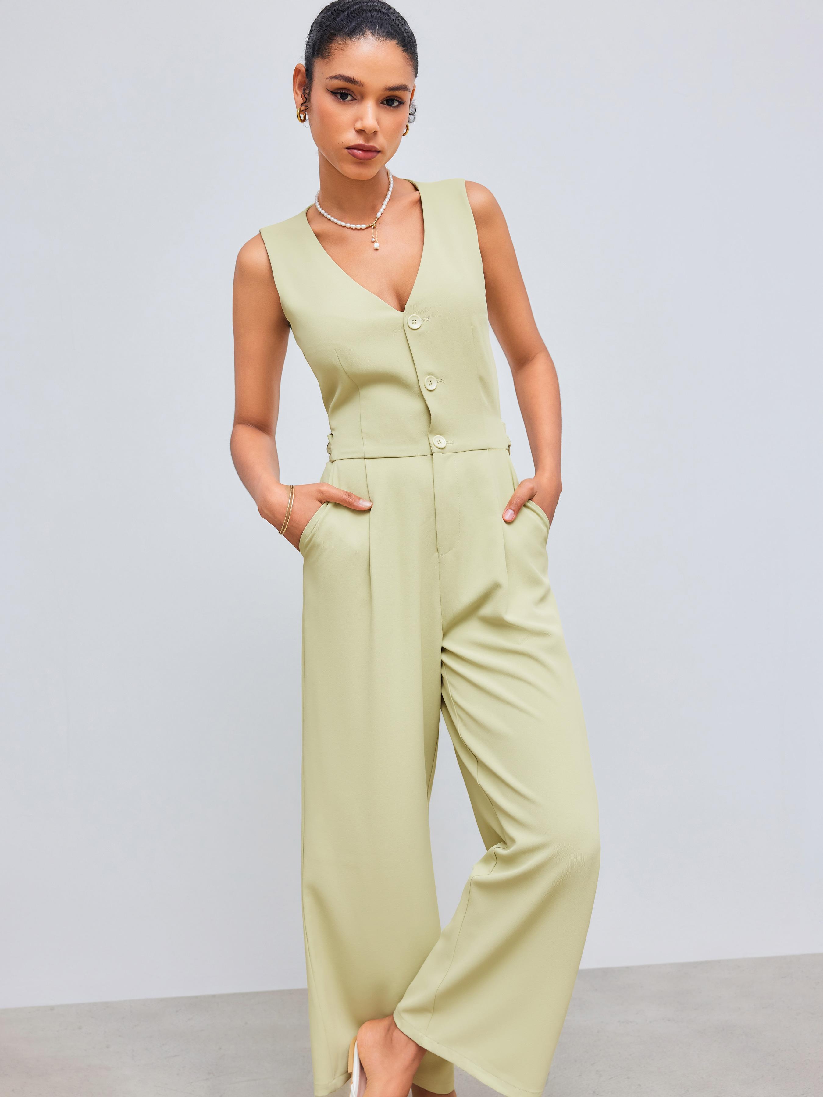 Woven V-neck Solid Pocket Cut Out Vest Jumpsuit by CIDER