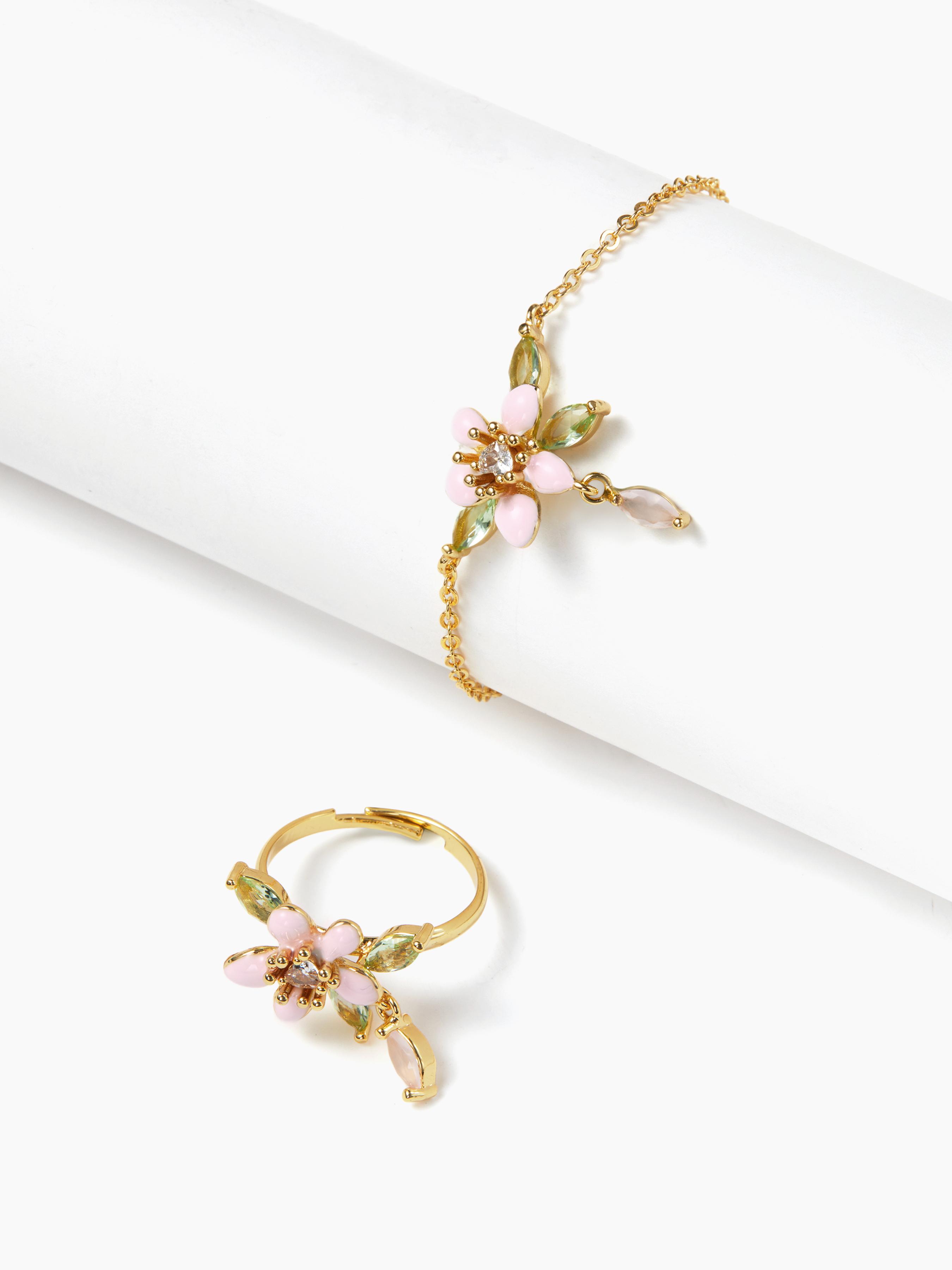ZIRCON FLORAL & HEART RING & BRACELET SET by CIDER