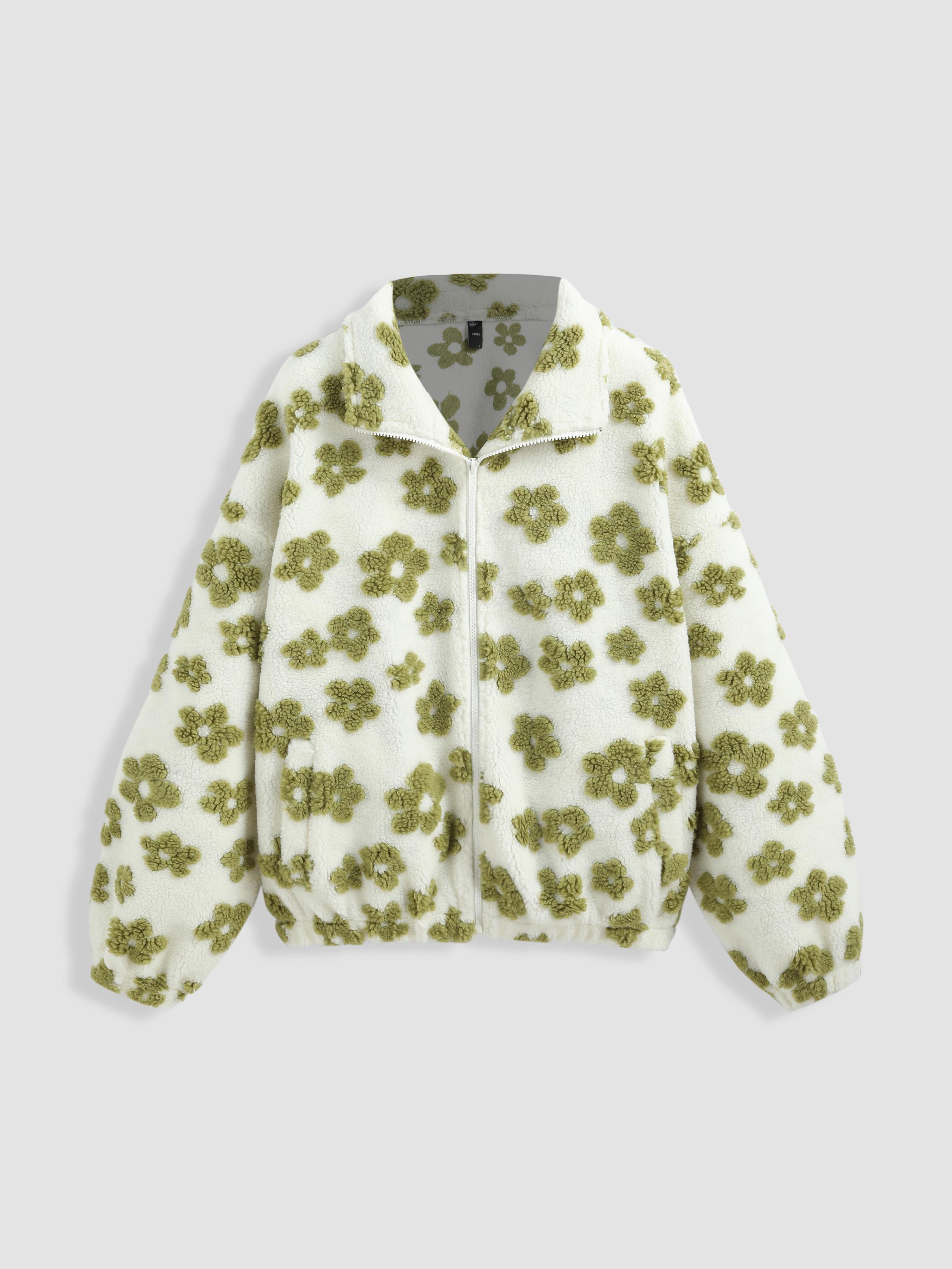 Zip Front Floral Sherpa Fleece Jacket by CIDER