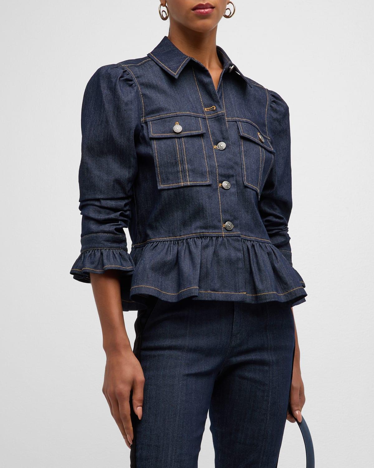 Delanie Scrunched-Sleeve Peplum Denim Jacket by CINQ A SEPT