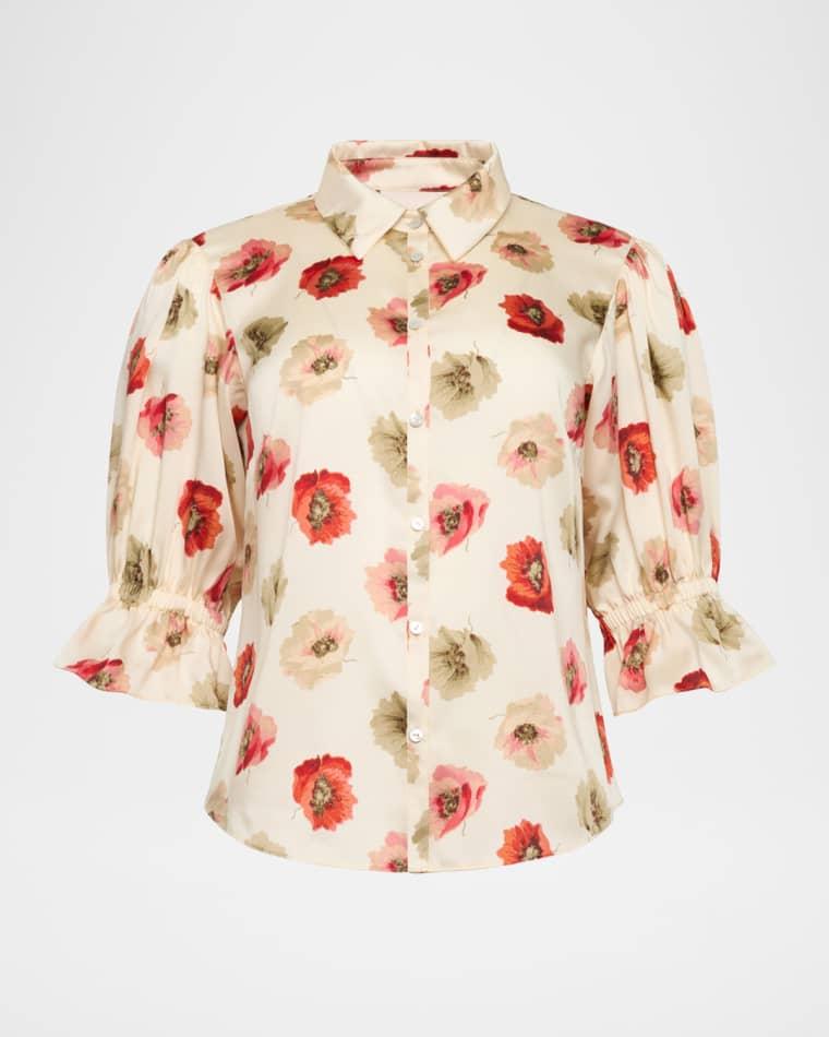 Floating Poppies Puff-Sleeve Silk Shirt by CINQ A SEPT