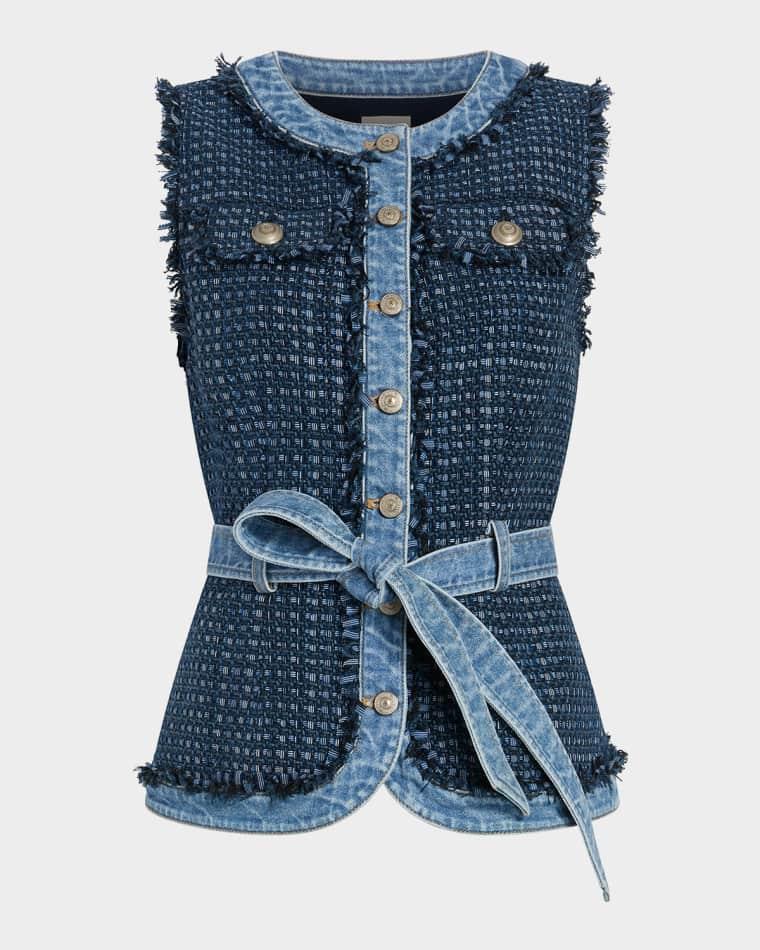Joans Belted Bouclé Denim Vest by CINQ A SEPT
