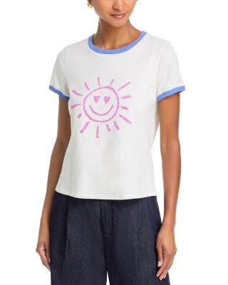 Rhinestone Smiling Sun Shrunken Ringer Tee by CINQ A SEPT