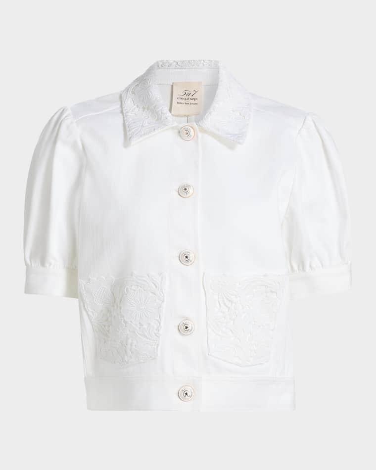 Short-Sleeve Lace Denim Jacket by CINQ A SEPT