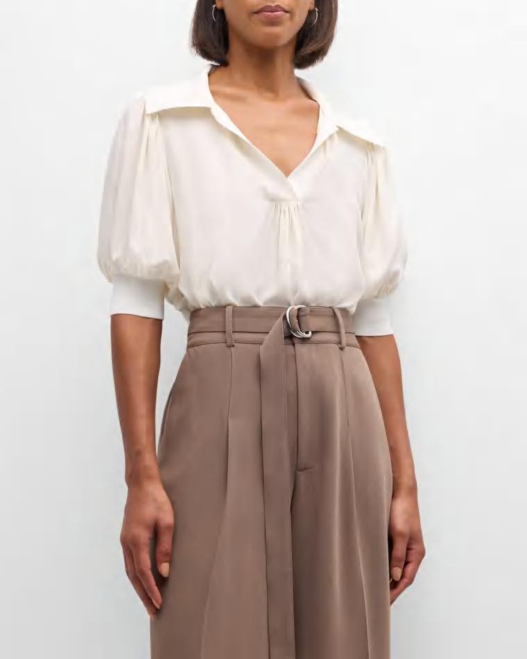 Weldon Collared V-Neck Short-Sleeve Silk Combo Top by CINQ A SEPT