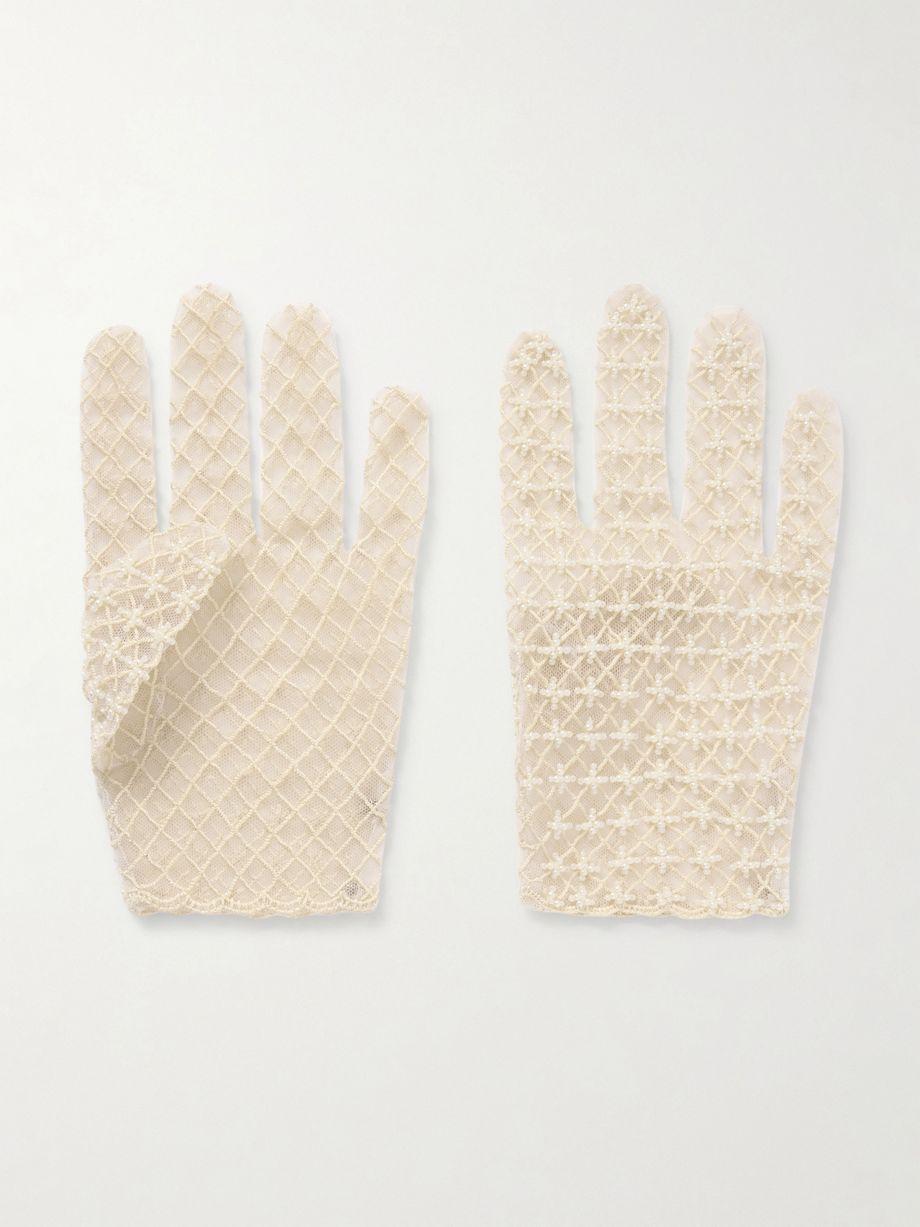 Pearl-like embellished embroidered tulle gloves by CLIO PEPPIATT