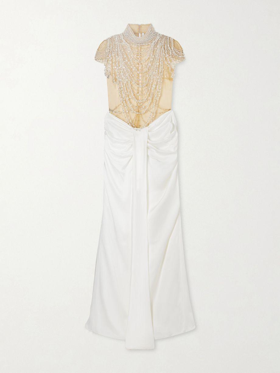 Zsa Zsa draped gathered embellished mesh and satin gown by CLIO PEPPIATT