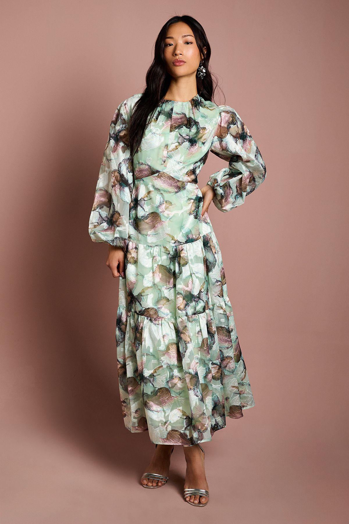 3/4 Puff Sleeve Printed Jacquard Midaxi Dress by COAST