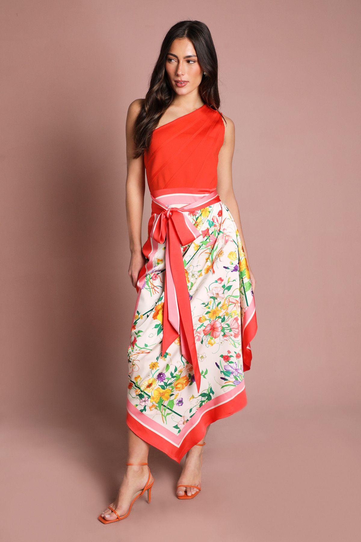 Bandage One Shoulder Printed Satin Midi Dress by COAST