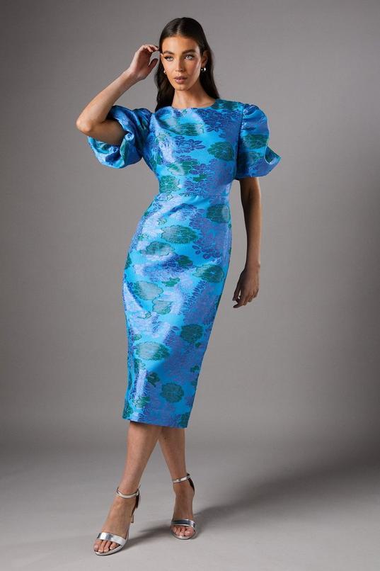 Blue Floral Puff Sleeve Midi Dress by COAST