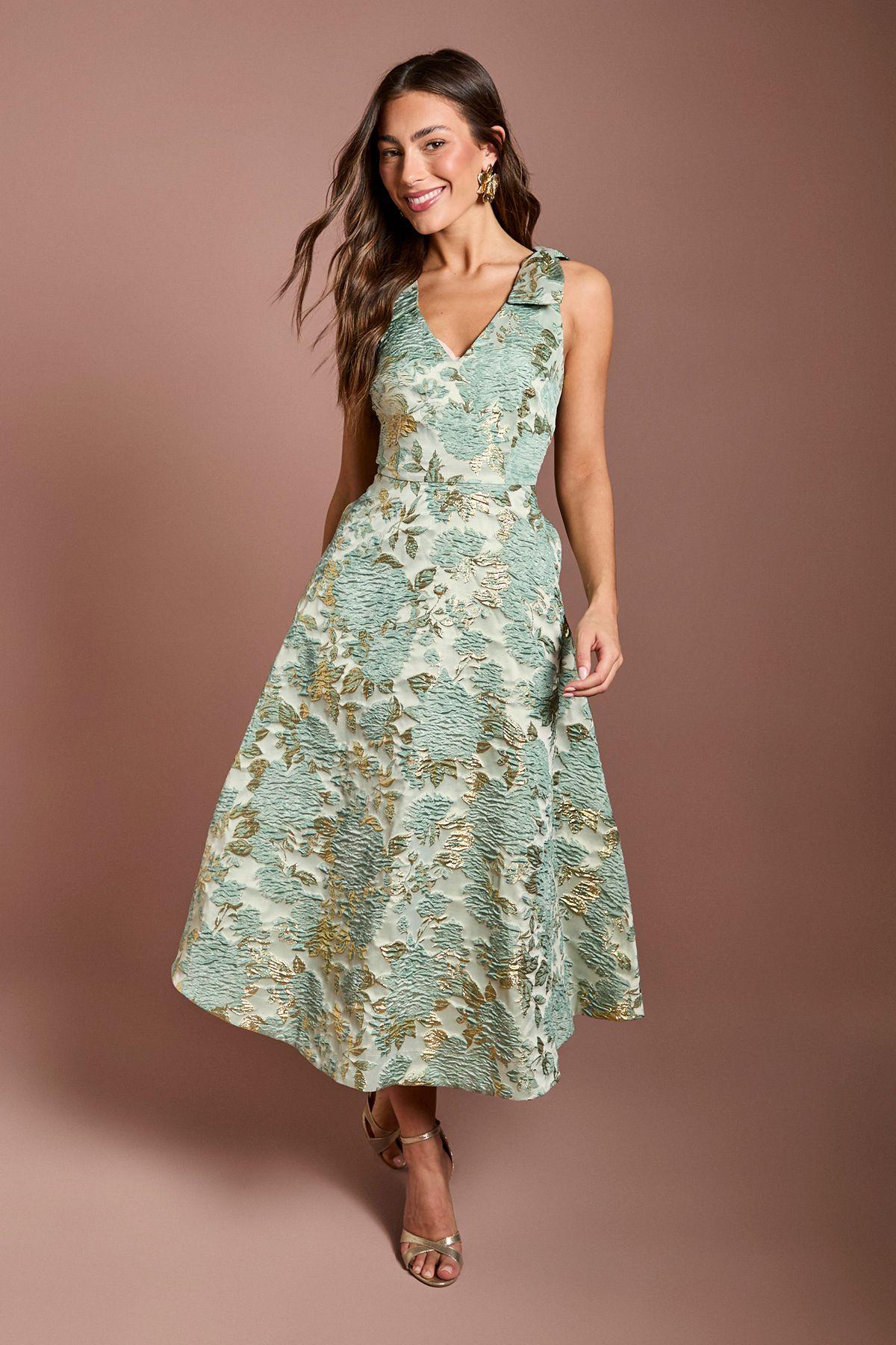 Bow Shoulders Jacquard Midi Dress by COAST