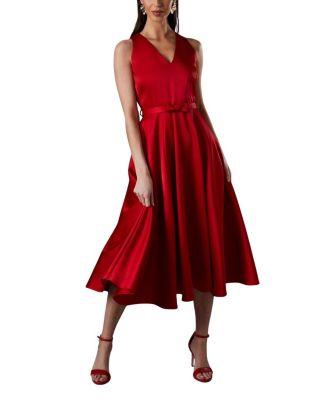 Bow Trim V-Neck Volume Skirt Midi Dress by COAST