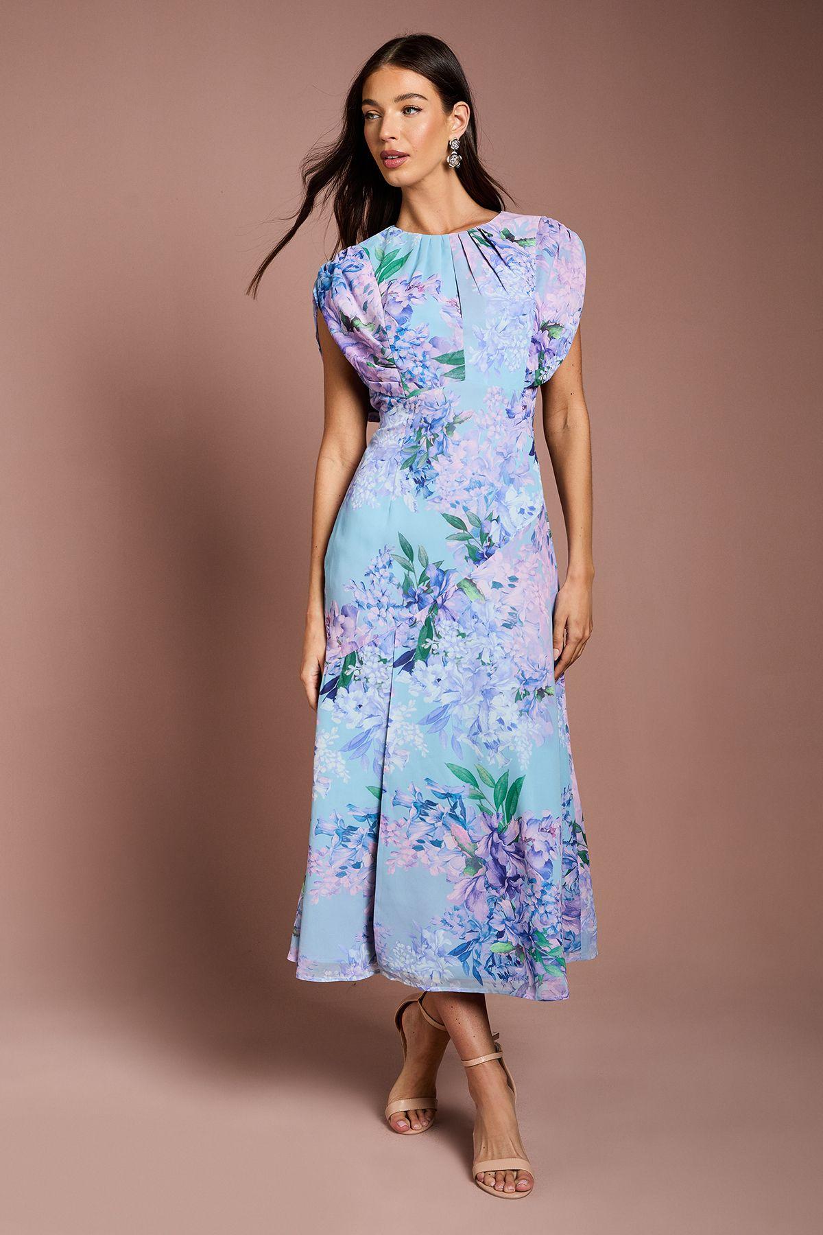 Cap Sleeve Floral Chiffon Midi Dress by COAST