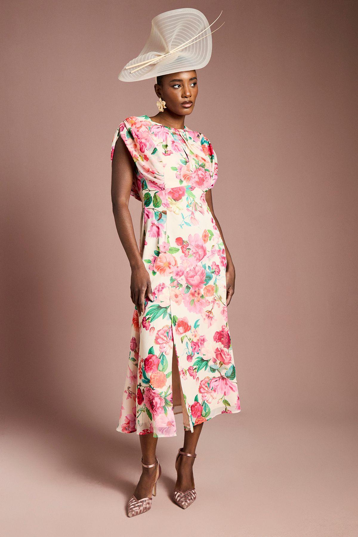 Cap Sleeve Floral Chiffon Midi Dress by COAST