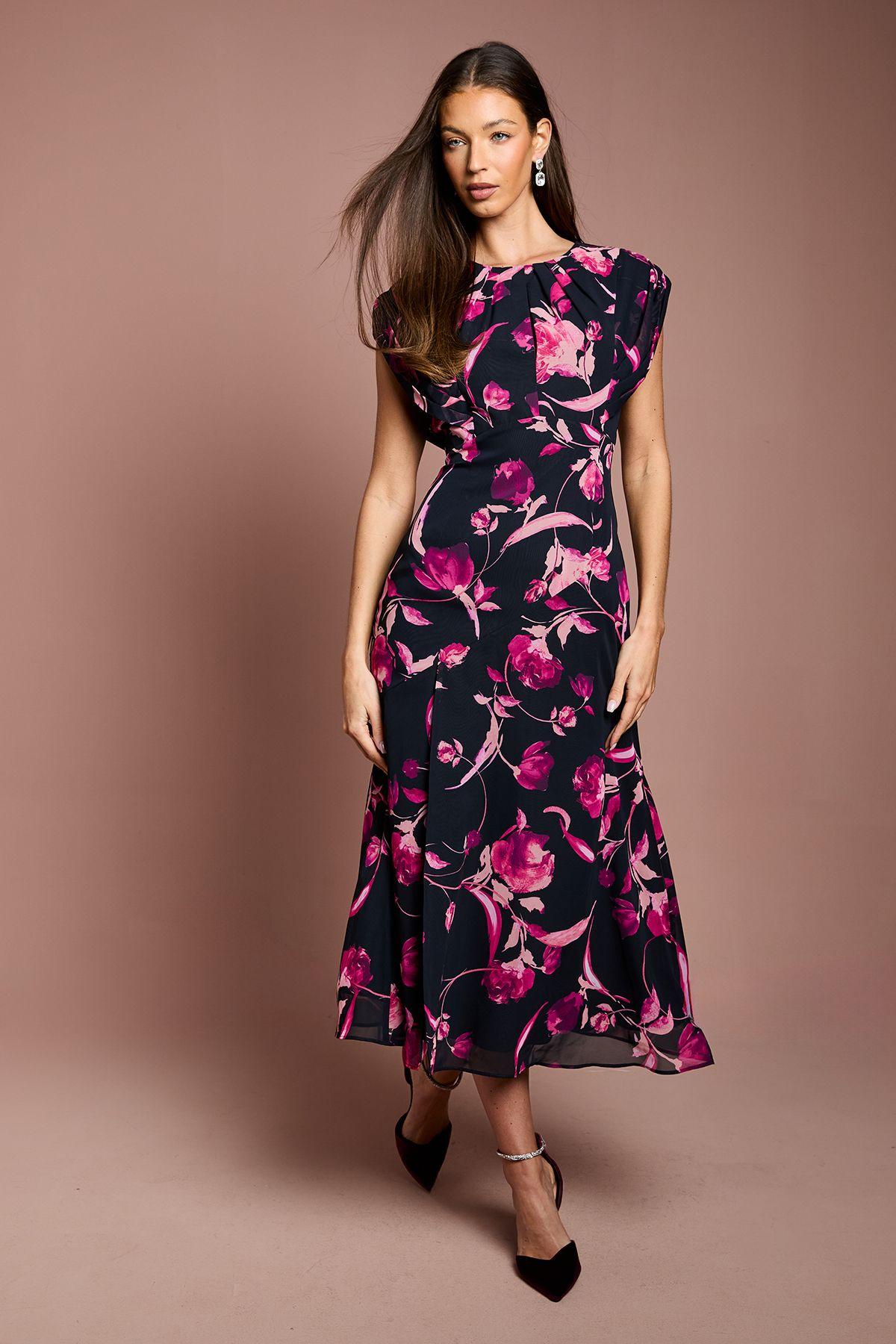 Cap Sleeve Floral Chiffon Midi Dress by COAST