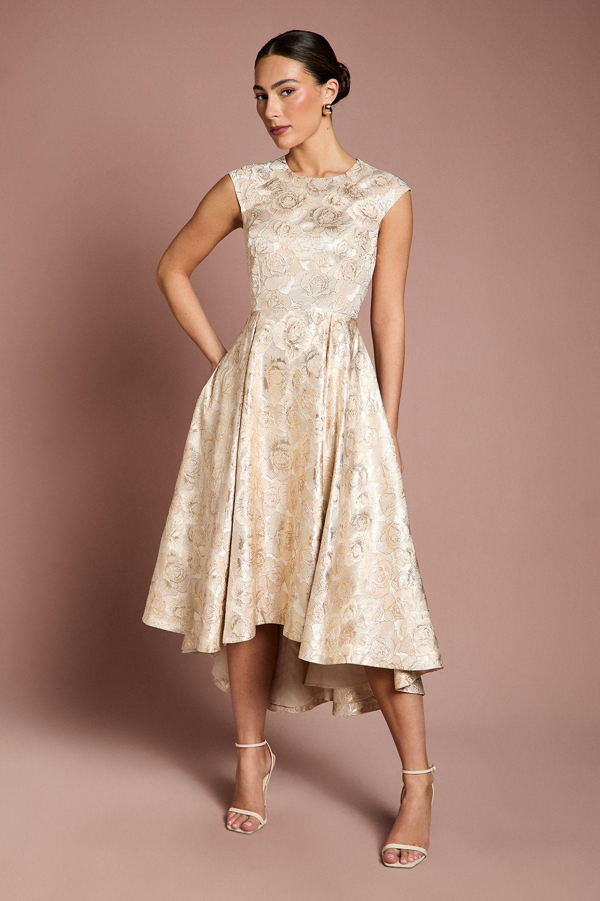 Cap Sleeve High Low Jacquard Midi Dress by COAST