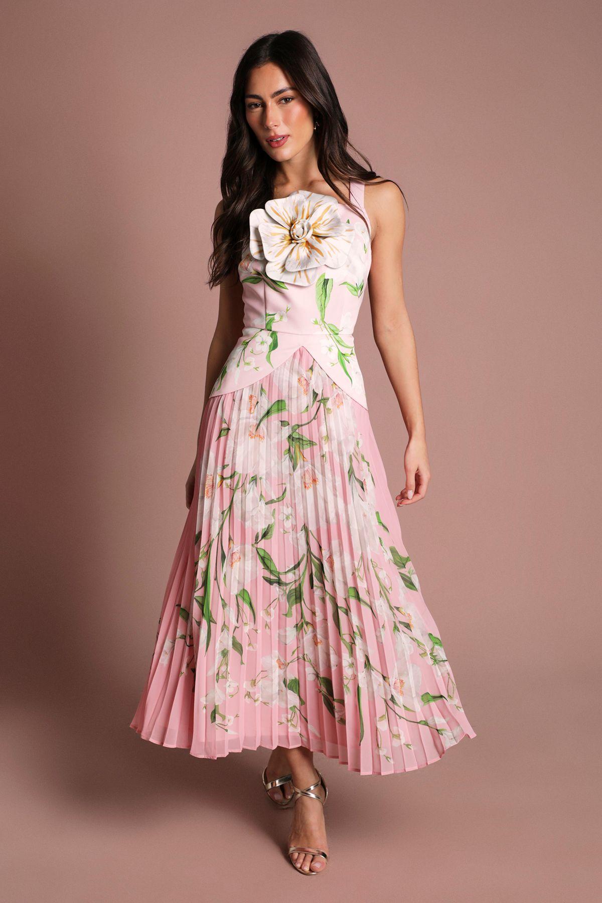 Coast Muse 3D Printed Flower Pleated Midi Dress by COAST
