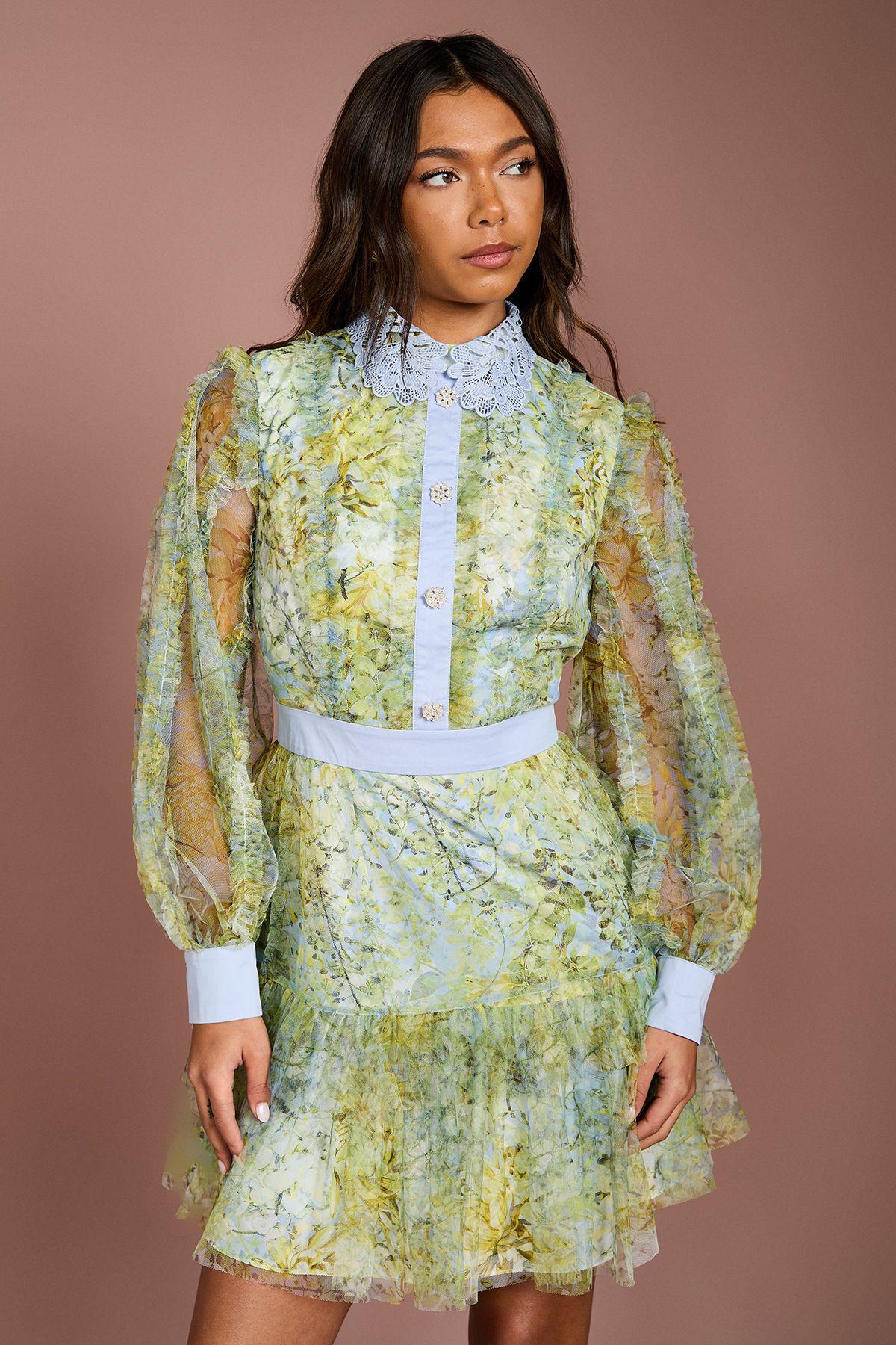Collared Printed Mesh Mini Dress by COAST