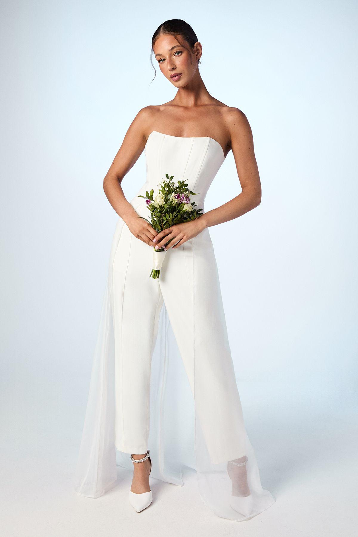 Corset Crepe Wedding Jumpsuit with Organza Overlay by COAST