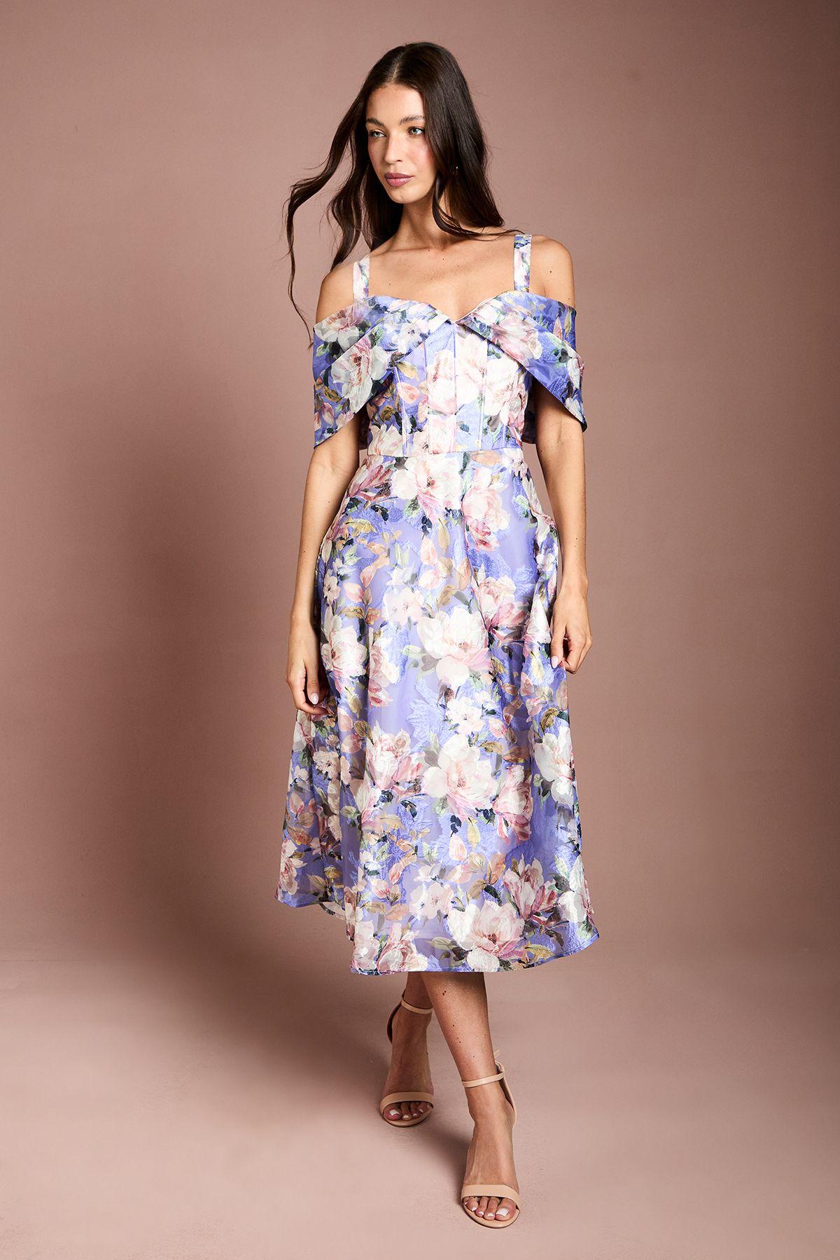 Corseted Bardot Jacquard Midi Dress by COAST