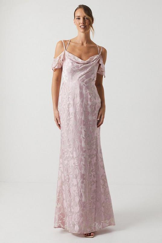 Cowl Neck Drape Sleeve Satin Burnout Bridesmaid Dress by COAST