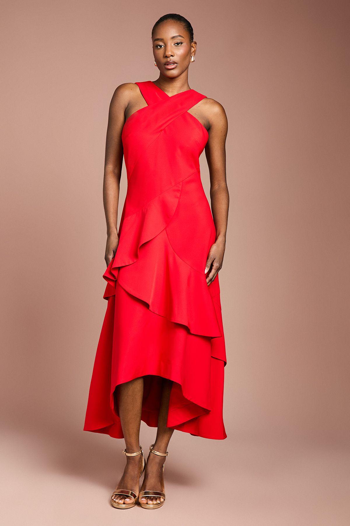 Cross Neck Ruffle Crepe Midi Dress by COAST