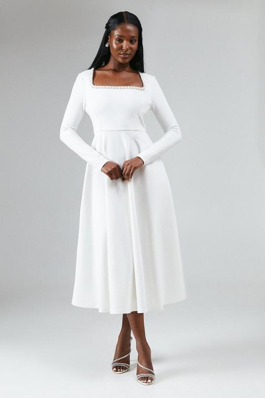 Crystal Trim Ponte Long Sleeve Midi Wedding Dress by COAST