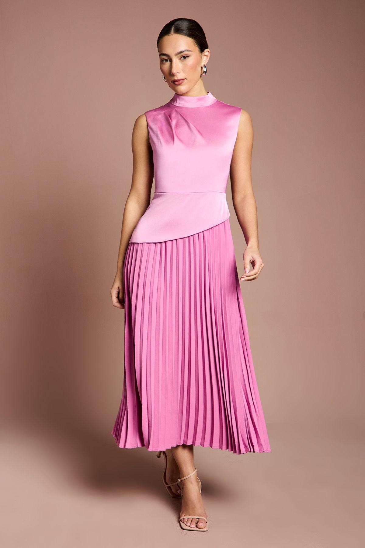 Drape High Neck Pleated Skirt Midi Dress by COAST