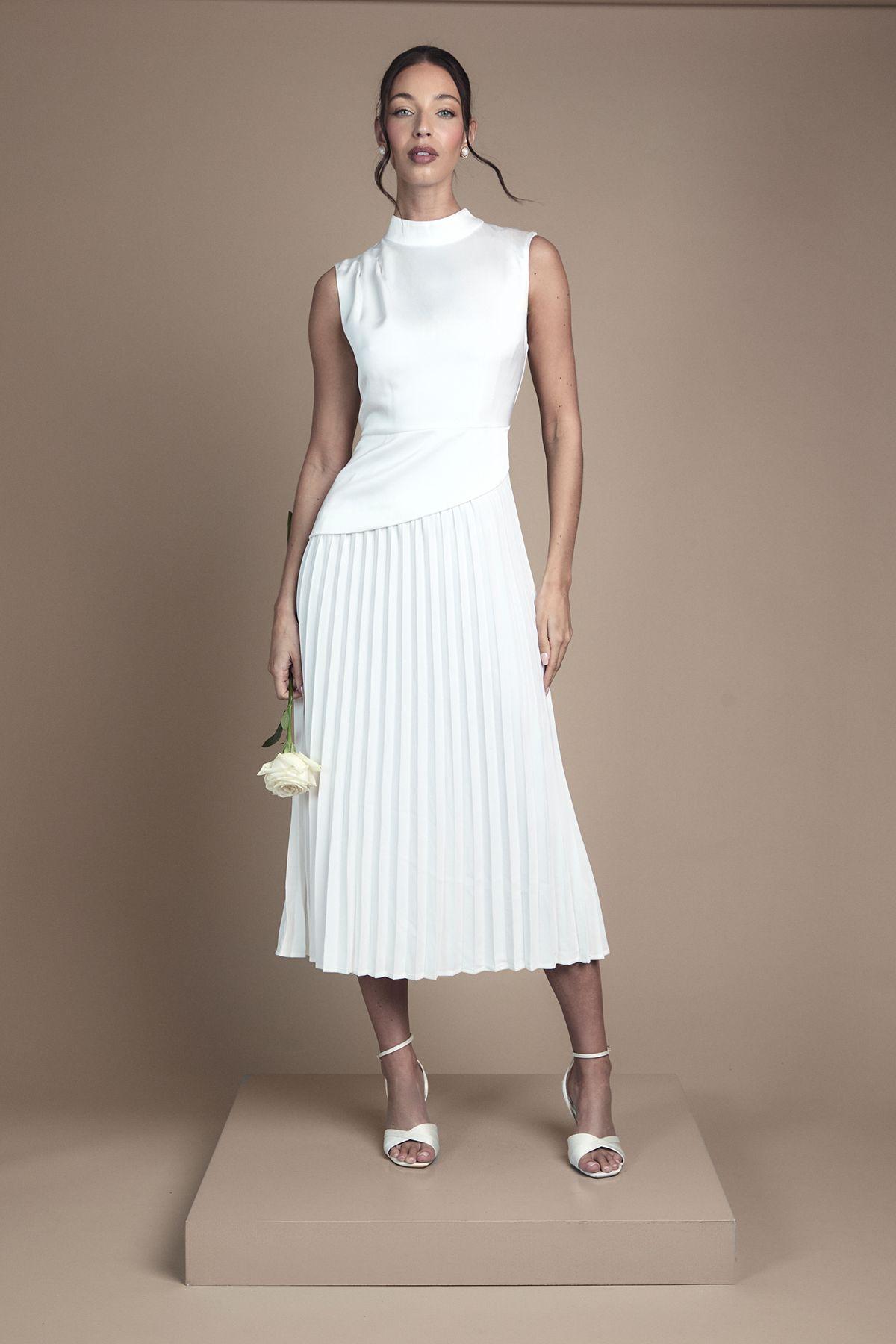 Drape High Neck Pleated Skirt Midi Wedding Dress by COAST