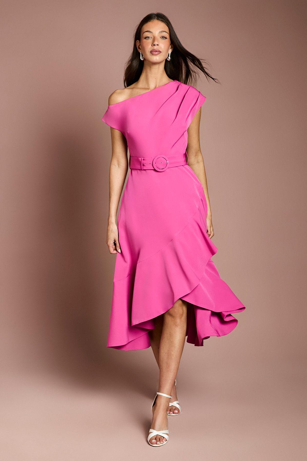 Drape Shoulder Frill Detail Crepe Midi Dress by COAST