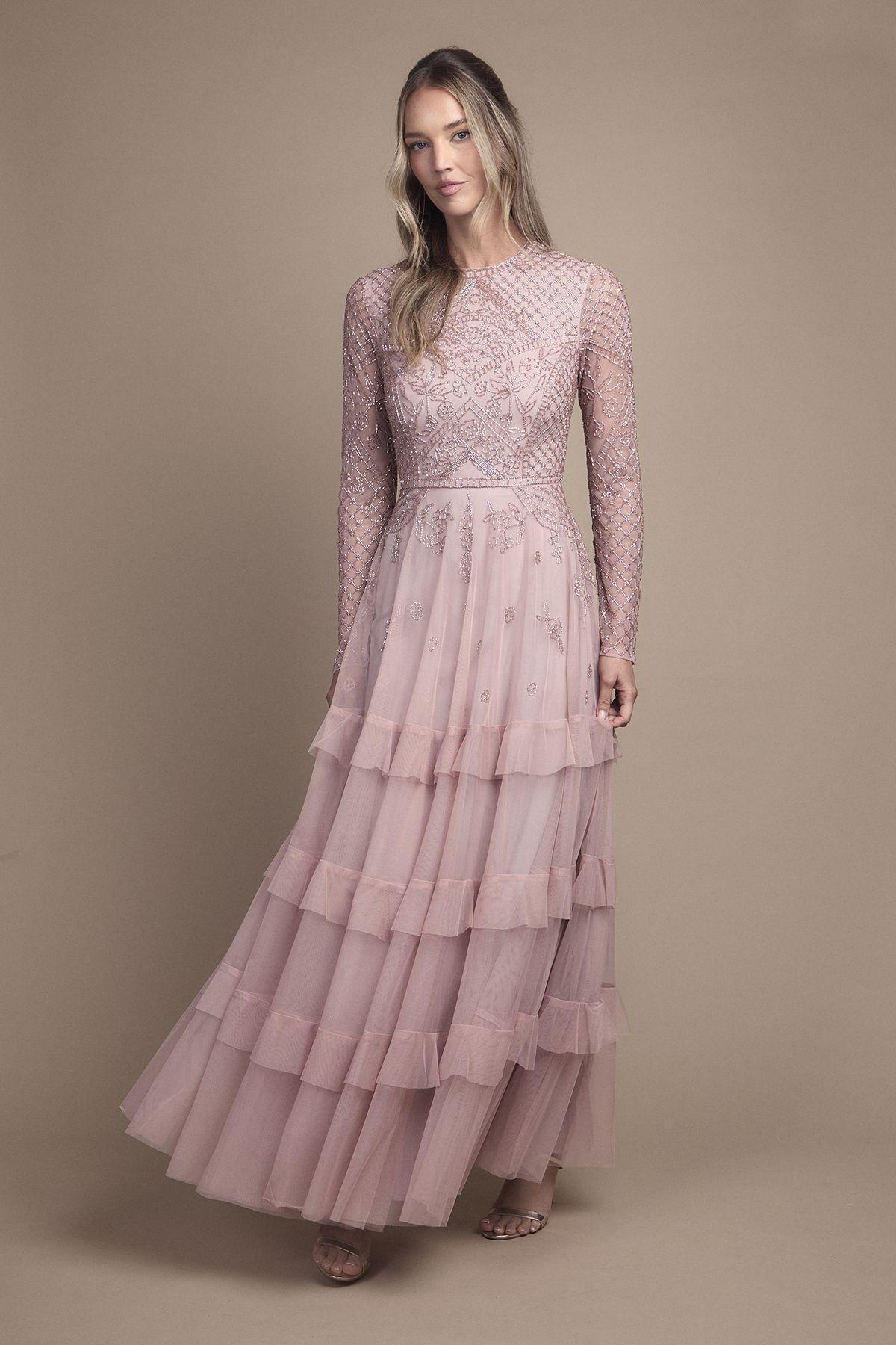 Embellished Artwork Long Sleeve Tiered Bridesmaid Maxi Dress by COAST