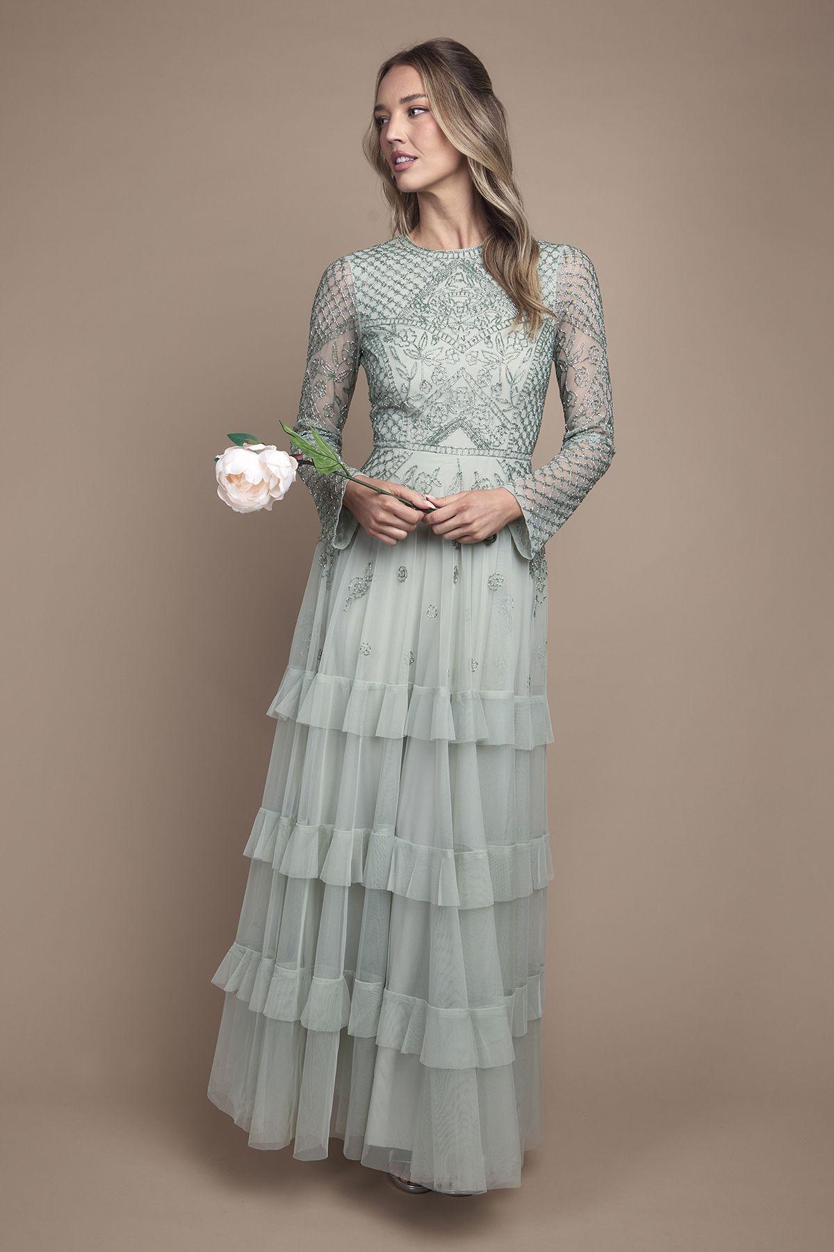 Embellished Artwork Long Sleeve Tiered Bridesmaid Maxi Dress by COAST
