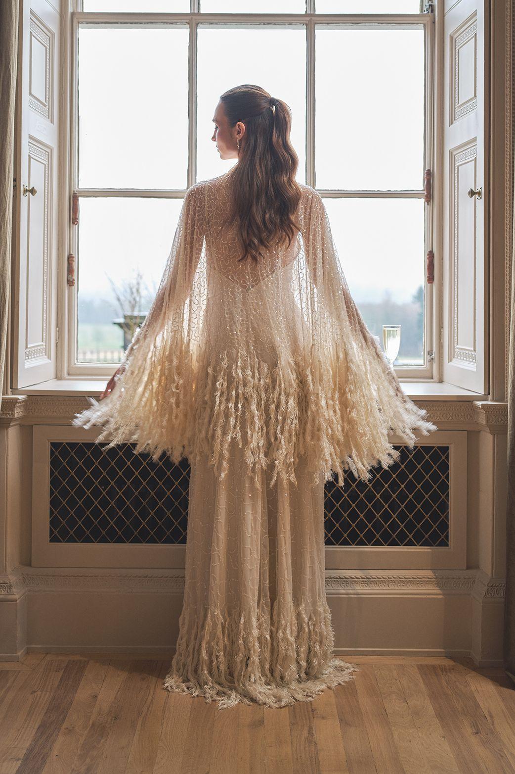 Embellished Feather Trim Cape Maxi Wedding Dress by COAST