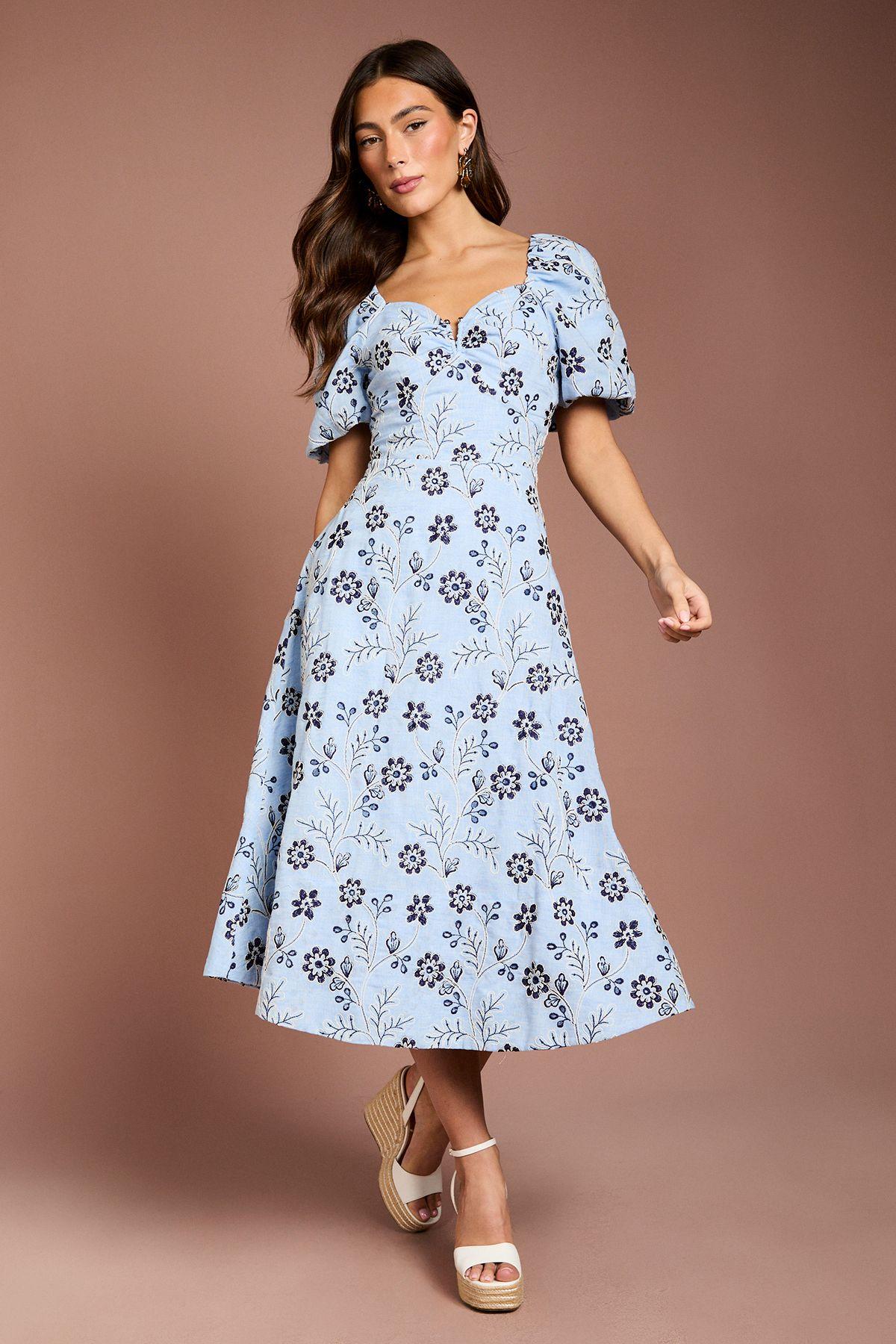 Embroidered Cotton Puff Sleeve Midi Dress by COAST