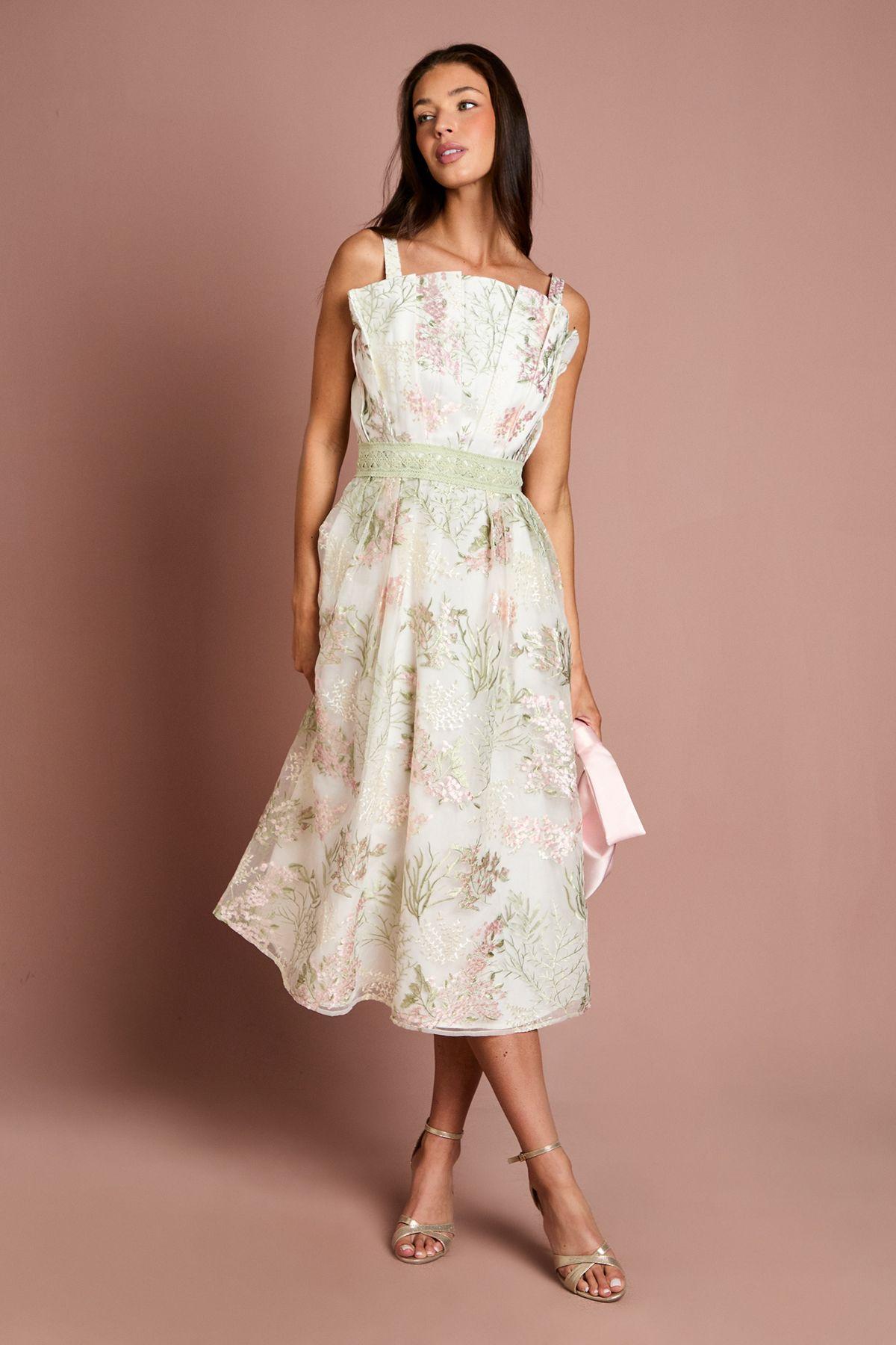 Fan Bodice Embroidered Mesh Midi Dress by COAST