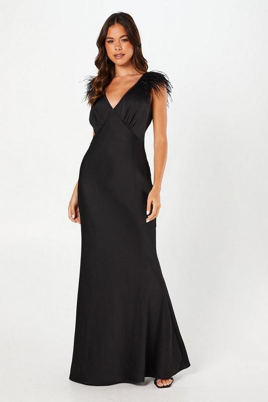 Feather Shoulder Detail V Neck Satin Black Maxi Dress by COAST
