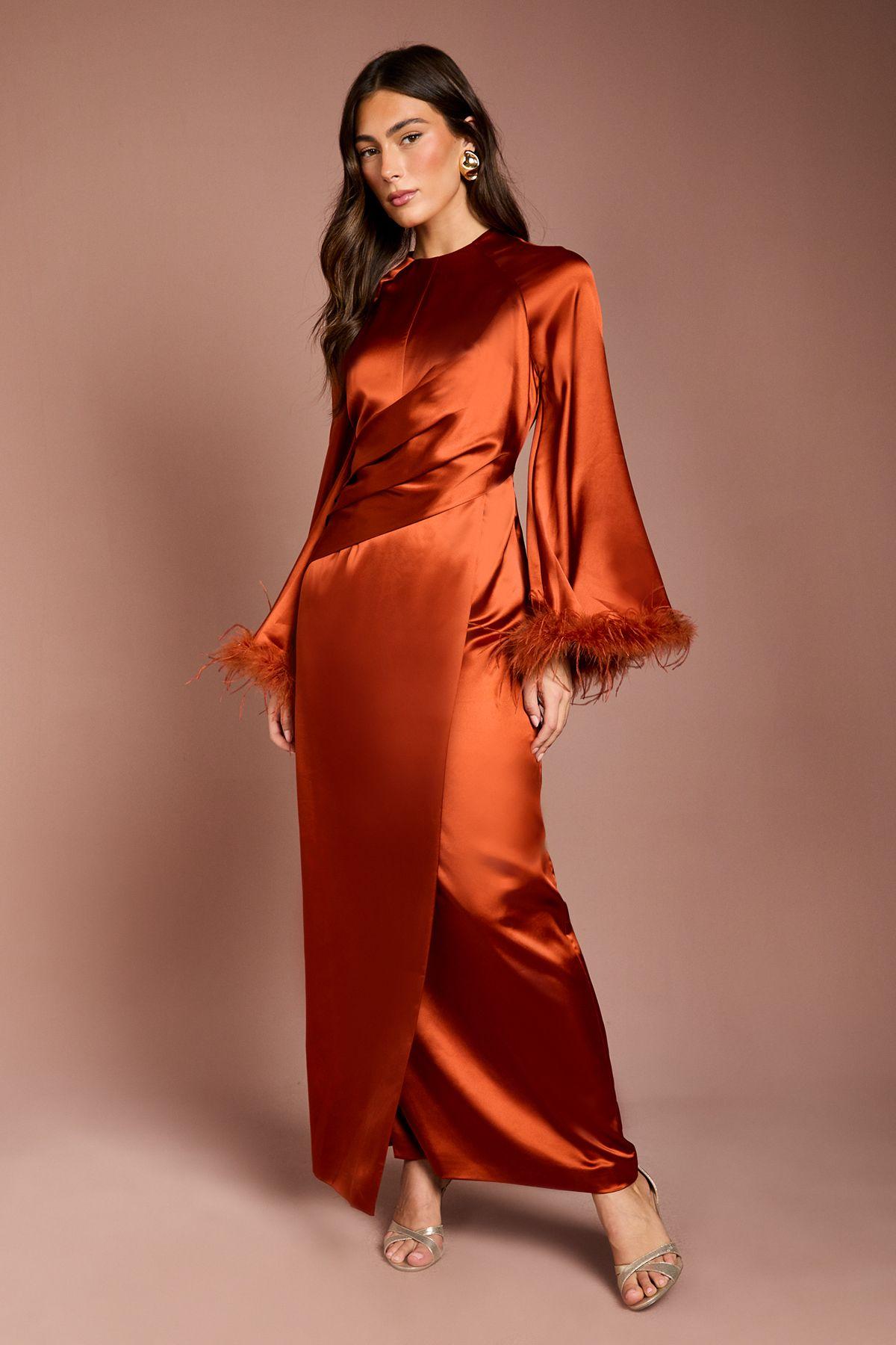 Feather Trim Satin Maxi Dress by COAST