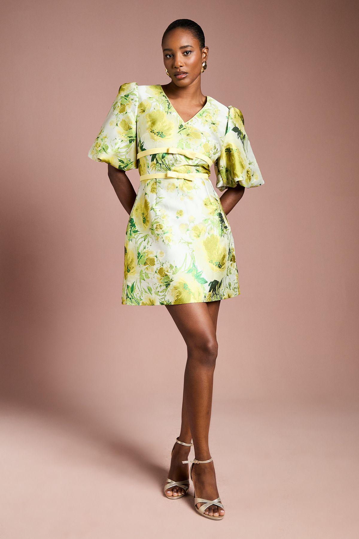 Floral Jacquard Puff Sleeve Mini Dress by COAST