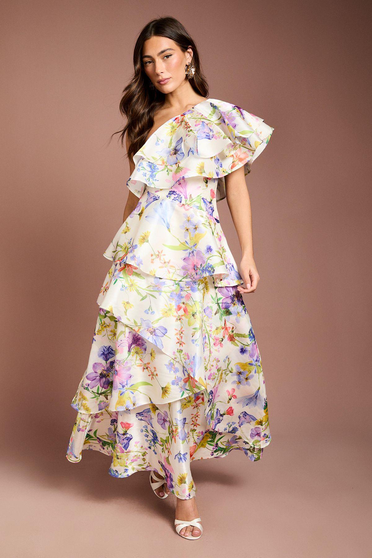 Glossy Printed Frill One Shoulder Maxi Dress by COAST