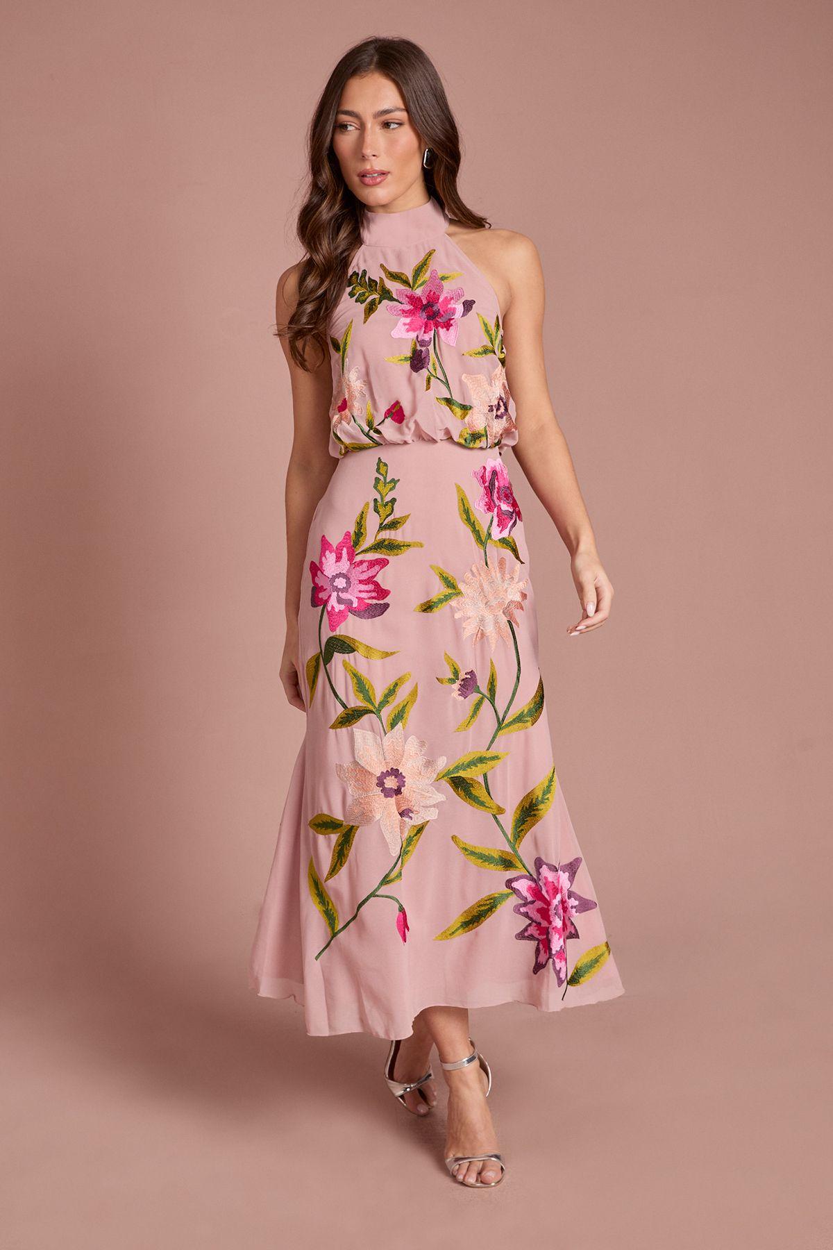 High Neck Midi Dress With Floral Embroidery by COAST