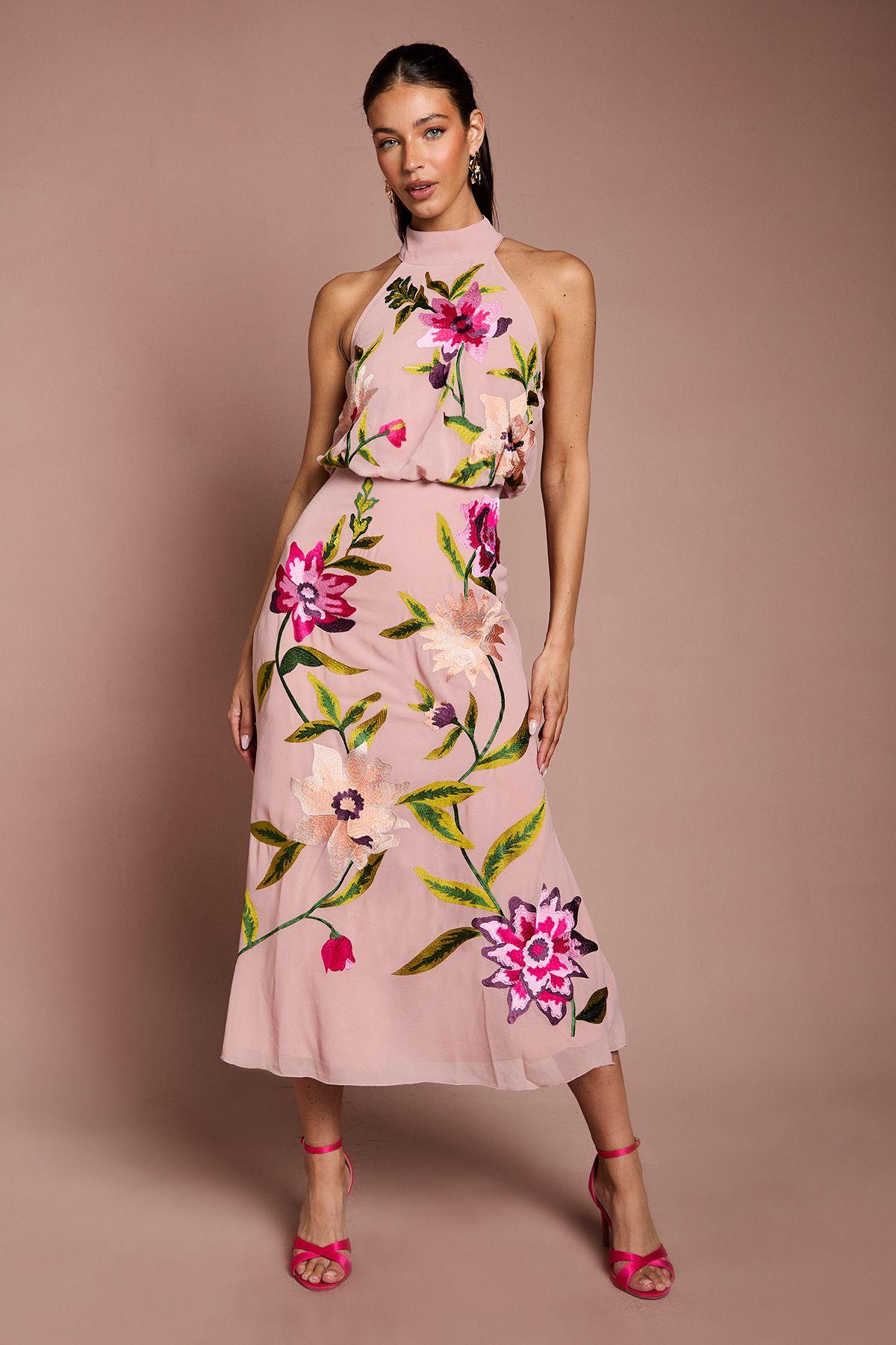 High Neck Midi Dress With Floral Embroidery by COAST