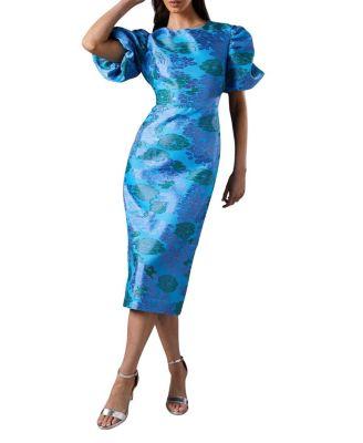 Jacquard Floral Puff Sleeve Midi Dress by COAST