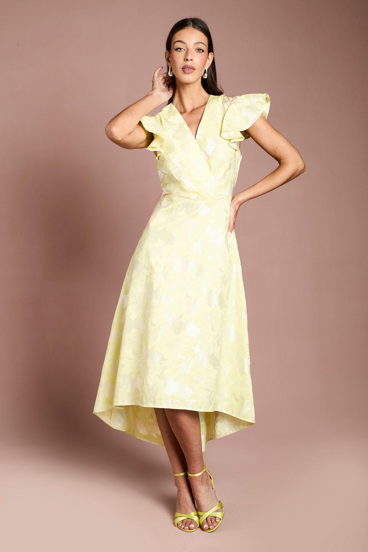 Jacquard Frill Sleeve Wrap High Low Midi Dress by COAST