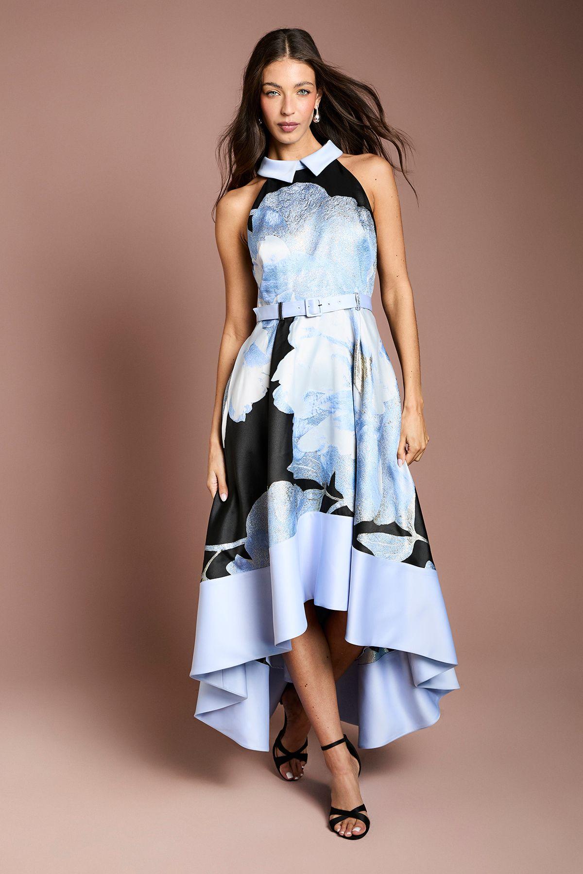 Jacquard High Low Halter Neck Midi Dress by COAST