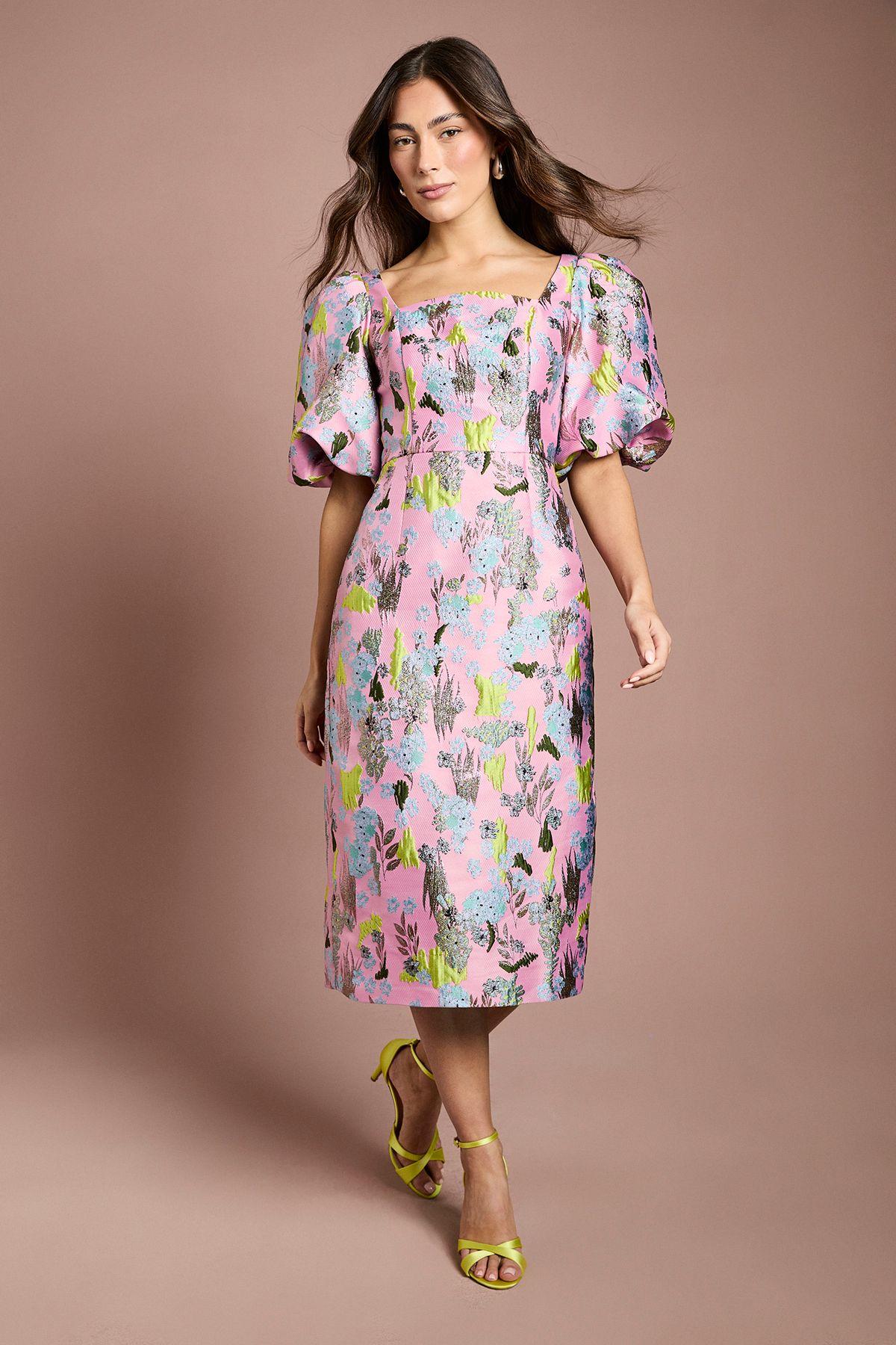 Jacquard Puff Sleeve Square Neck Pencil Dress by COAST