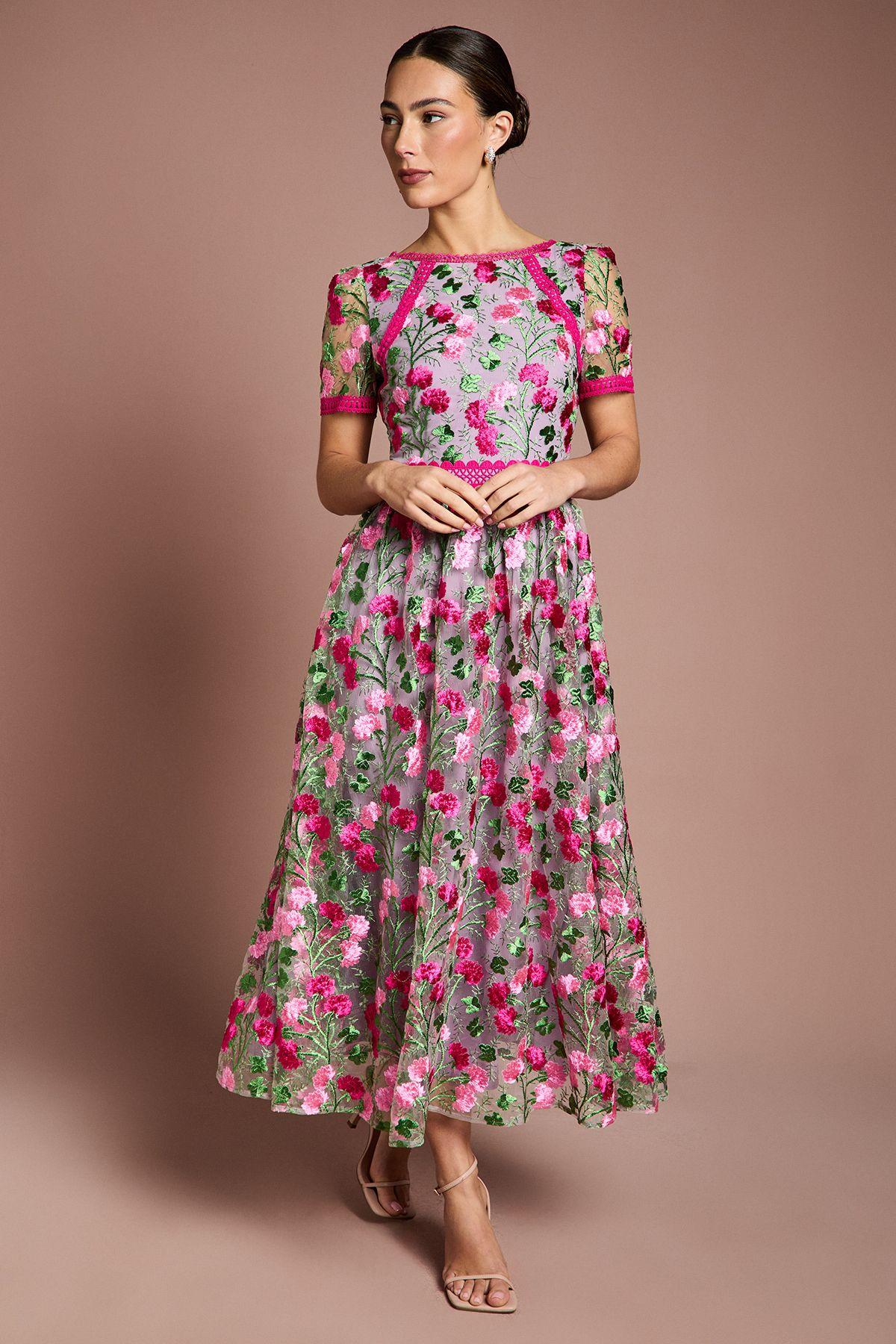 Lace Trim Detail Embroidered Mesh Midi Dress by COAST